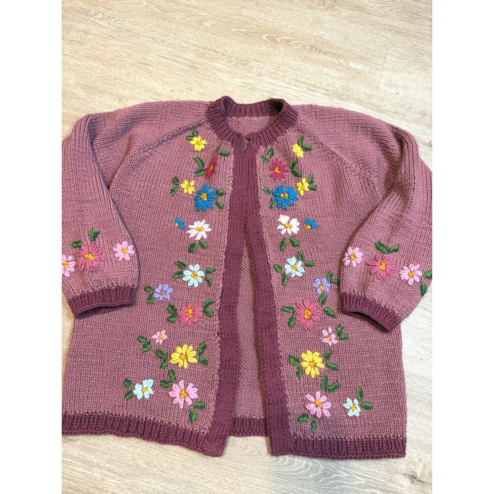 Vintage 70s Handmade Pink Floral Cottagecore Granny Cardigan Medium Unbranded